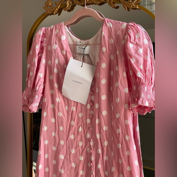 NWT SLEEPER Bella Pink and White Polka-Dot Midi Spring Dress - Picture 5 of 6